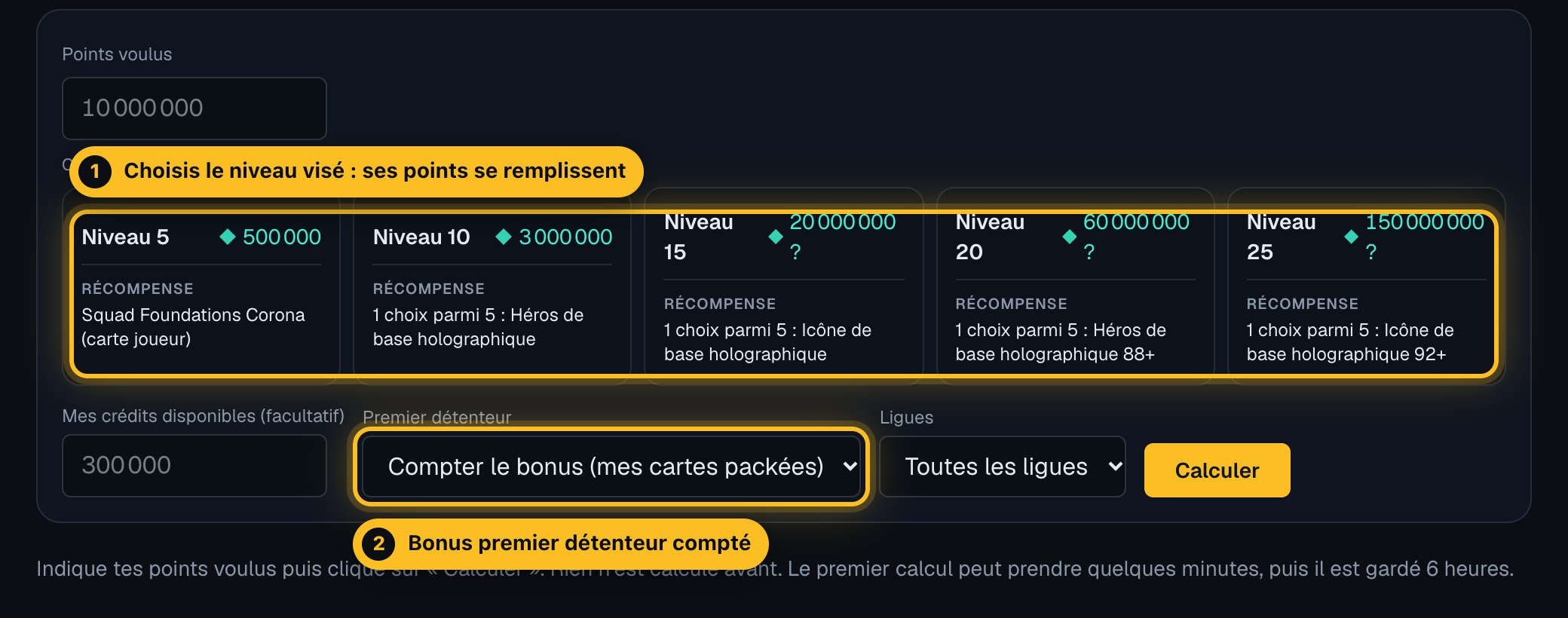 Page Objectif points de MyTraderFC : choix du niveau de la Galerie et bonus premier détenteur