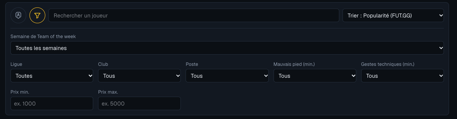 Les filtres de la page Joueurs : ligue, club, poste, prix min et max